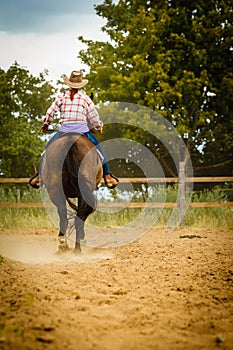 Cowgirl doing horse riding on countryside meadow