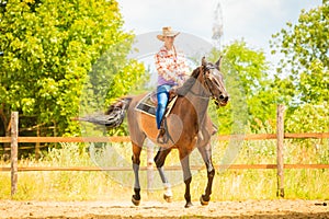 Cowgirl doing horse riding on countryside meadow