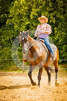 Cowgirl doing horse riding on countryside meadow