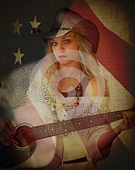 Cowgirl Double Exposure American Flag