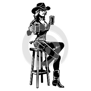 Cowgirl - Girl and beer, Wild West, Cowboy Silhouette, Vector Clip Art, Cut Ready