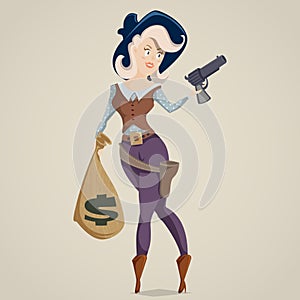 Cowgirl with gun. Funny cartoon character.