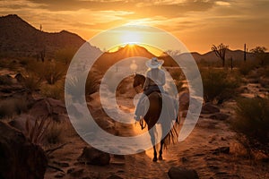 cowgirl, with her trusty steed and cowboy hat, leading the way into sunset