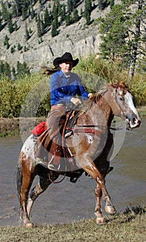 Cowgirl & Horse Emerging from Pond