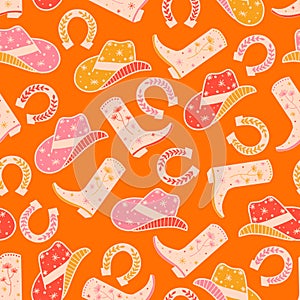 Cowgirl Horse Ranch seamless vector pattern. Cowboy boots, hat, horseshoe repeating background. Wild West surface pattern design