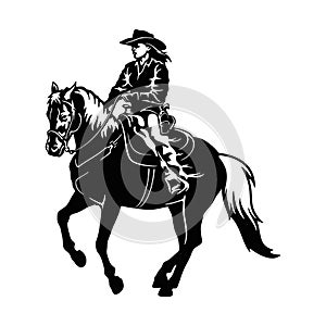 Cowgirl and horse, Retro black and white style Poster. photo