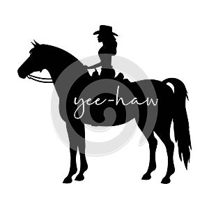 Cowgirl on a horse with Yee-Haw writing on the white background. Isolated illustration