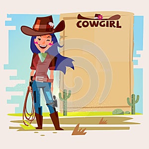 Cowgirl with Lasso with paper to presentation. wanted concept. c