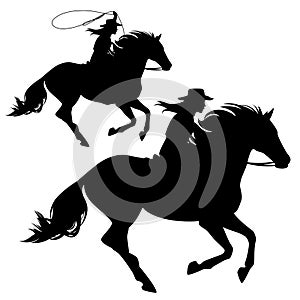 Cowgirl with lasso riding galloping horse black vector silhouette