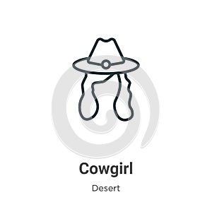 Cowgirl outline vector icon. Thin line black cowgirl icon, flat vector simple element illustration from editable desert concept