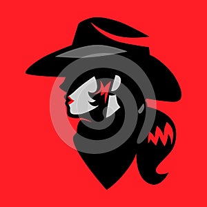 Cowgirl portrait symbol on red backdrop