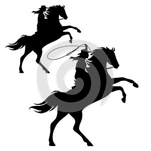 Cowgirl and rearing up horse black vector silhouette set