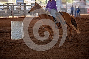 Cowgirl Rides At Speed In Barrel Racing Competition At Rodeo