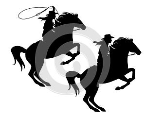 Cowgirl and rearing up horse black vector silhouette photo