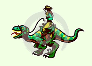 Cowgirl Riding Raptor in Retro Vintage Style