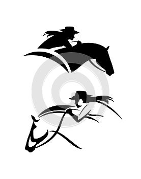 cowgirl riding running horse black and white vector head portrait