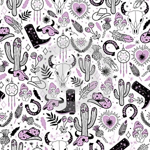 Cowgirl seamless vector pattern. Western rodeo boho repeating background black line art. Cowboy boots, cowgirl hat, cactus,