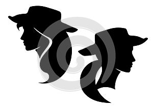 Cowgirl woman black and white vector silhouette portrait