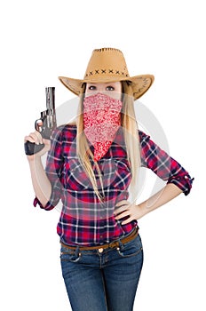 Cowgirl woman with gun isolated
