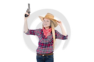 Cowgirl woman with gun isolated