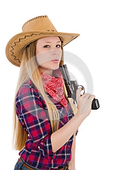 Cowgirl woman with gun isolated