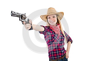 Cowgirl woman with gun isolated