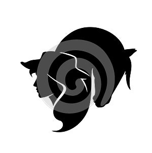 Cowgirl woman and horse head black and white vector silhouette