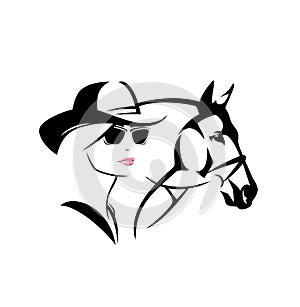 cowgirl woman wearing sunglasses and hat and bridled horse head vector outline