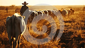 Cowherd guiding cattle in golden African sunset