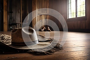 cowhide rug on wooden floor with cowboy hat and rope in the background