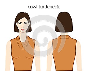 Cowl turtleneck neckline clothes character beautiful lady in ochre top, shirt, dress technical fashion illustration