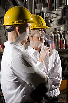 Coworkers in hard hats