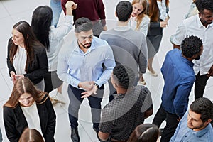 Coworkers having business meeting in a lobby