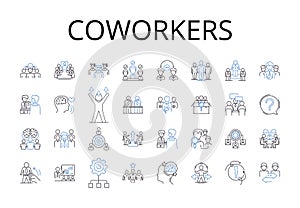 Coworkers line icons collection. Peers, Associates, Colleagues, Companions, Acquaintances, Contemporaries, Allies vector