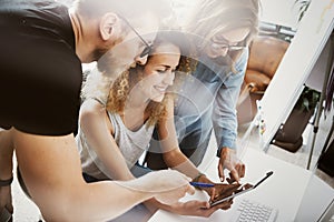 Coworkers Team Modern Office Place.Account Managers Work New Business Idea Startup Presentation.Woman Touching Hand