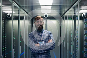 Coworkers walking in server room