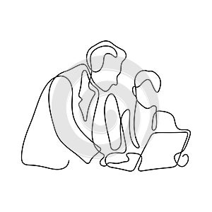 Coworkers working together continuous line vector illustration