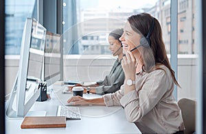 Coworking, call center and telemarketing of business woman with web help conversation at computer. Customer service, crm