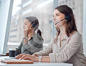 Coworking, call center and telemarketing of consultant woman with web help conversation at computer. Customer service