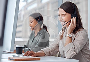 Coworking, call center and telemarketing sale of woman with web help conversation at computer. Customer service, crm and