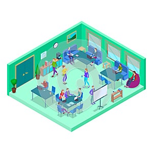 Coworking Center Interior with Furniture Isometric View. Vector