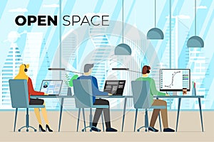 Coworking center open space office with freelance persons. Professional coworker workplace. Programmer, designer and