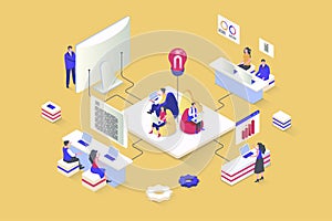 Coworking concept in 3d isometric design. Vector illustration with isometry people