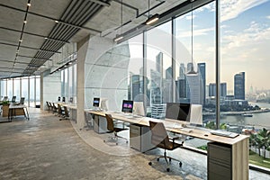 Coworking interior with computers and panoramic window view