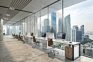 Coworking interior with computers and panoramic window view