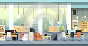 Coworking interior. Empty open space office, workspace vector background