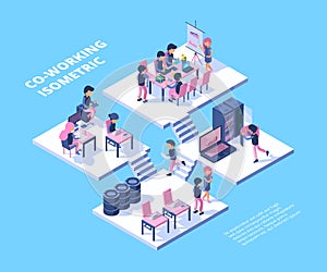Coworking isometric. Business team freelancer professionals group meeting people working talking together vector