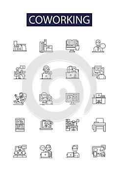 Coworking line vector icons and signs. Offices, Shared, Community, Network, Coworkers, Rental, Hotdesking, Freelancers
