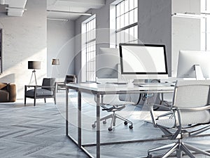 Coworking loft interior with modern computers. 3d rendering