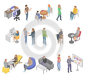 Coworking office business icons set, isometric style